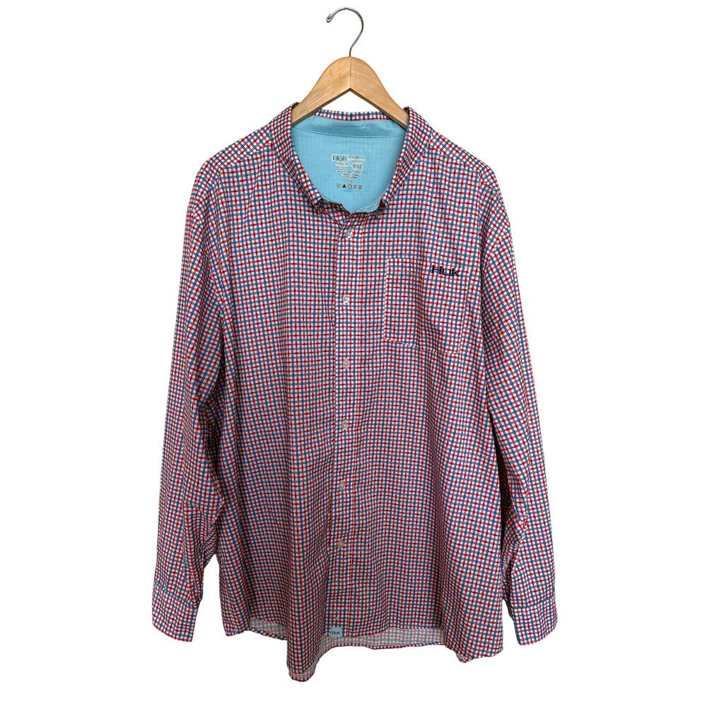 HUK Performance Long Sleeve Button Up Fishing Shirt Men’s Sz XXL Red Blue Plaid